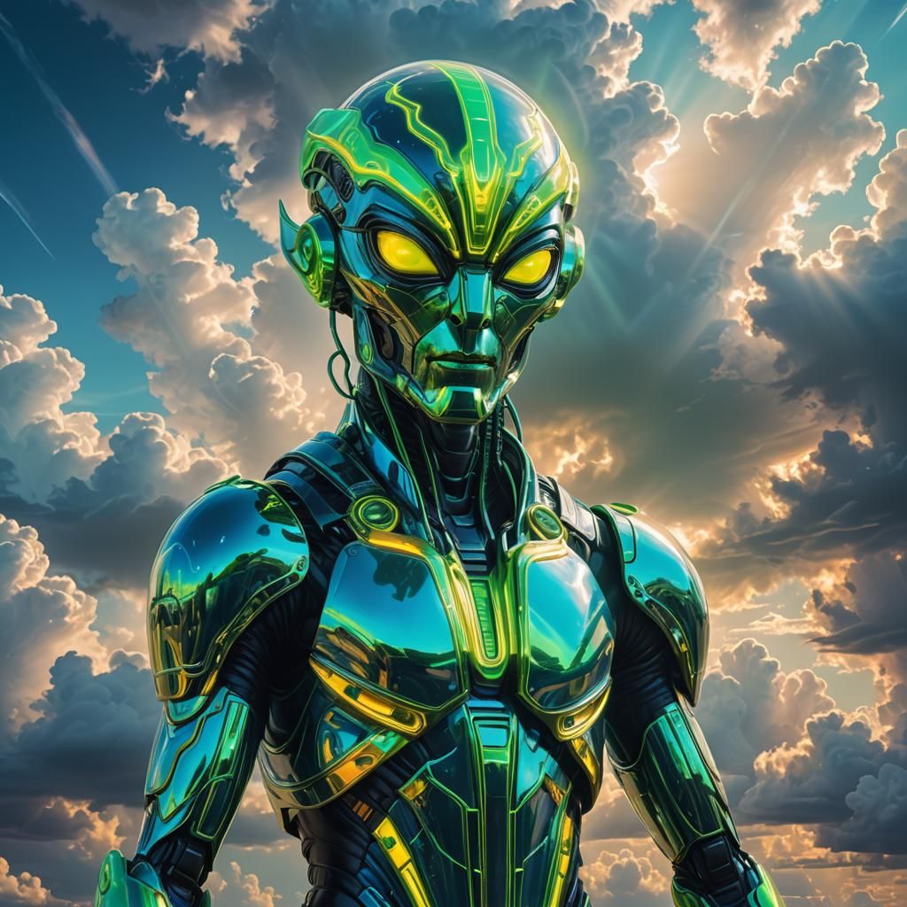 Neon Surrealism: Florescent Alien Automan in Clouds