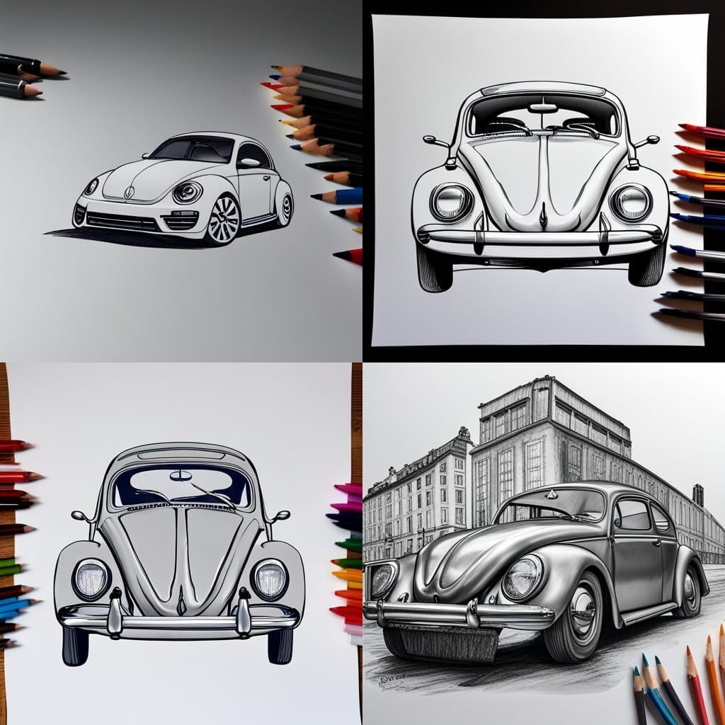 Detailed Charcoal Drawing of Volkswagen Beetle Coloring Page