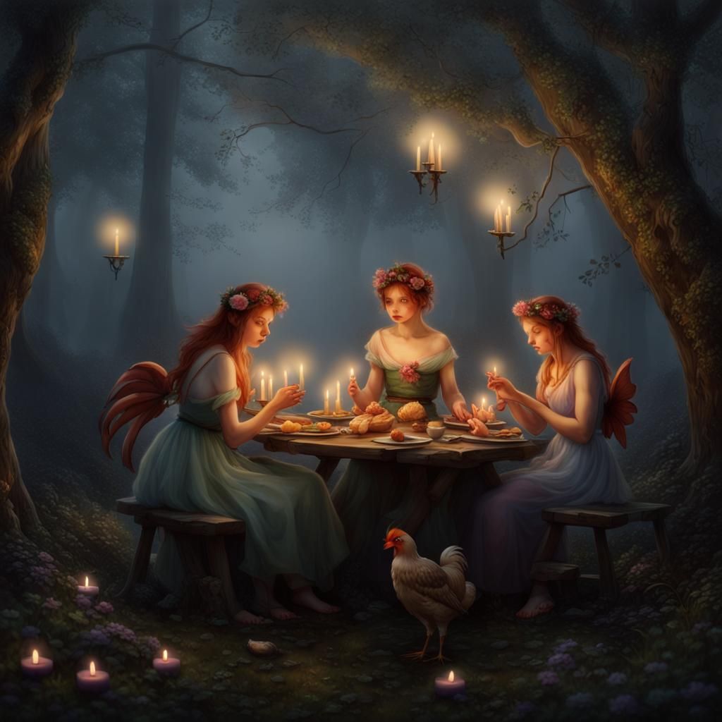 Fairies' Candlelit Dinner in Foggy Woods