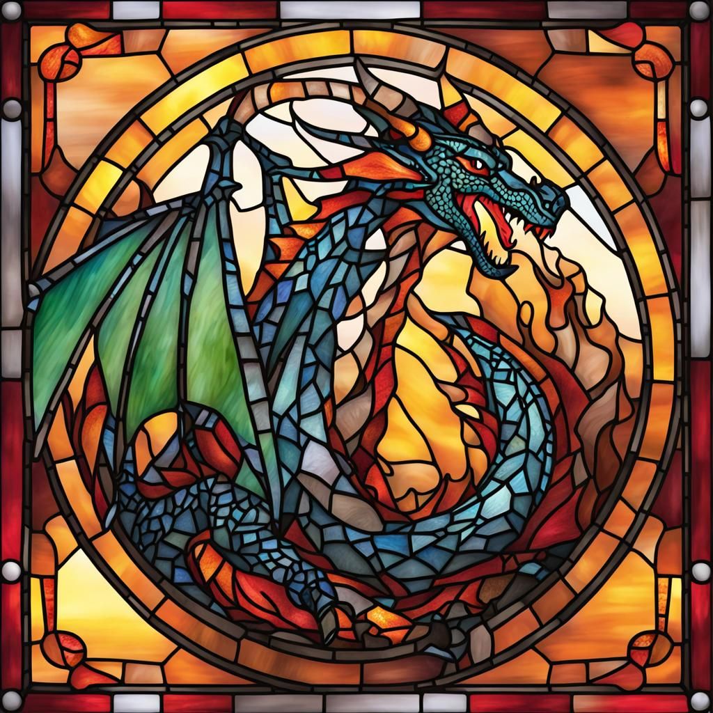 Stained Glass Dragon Breathing Fire