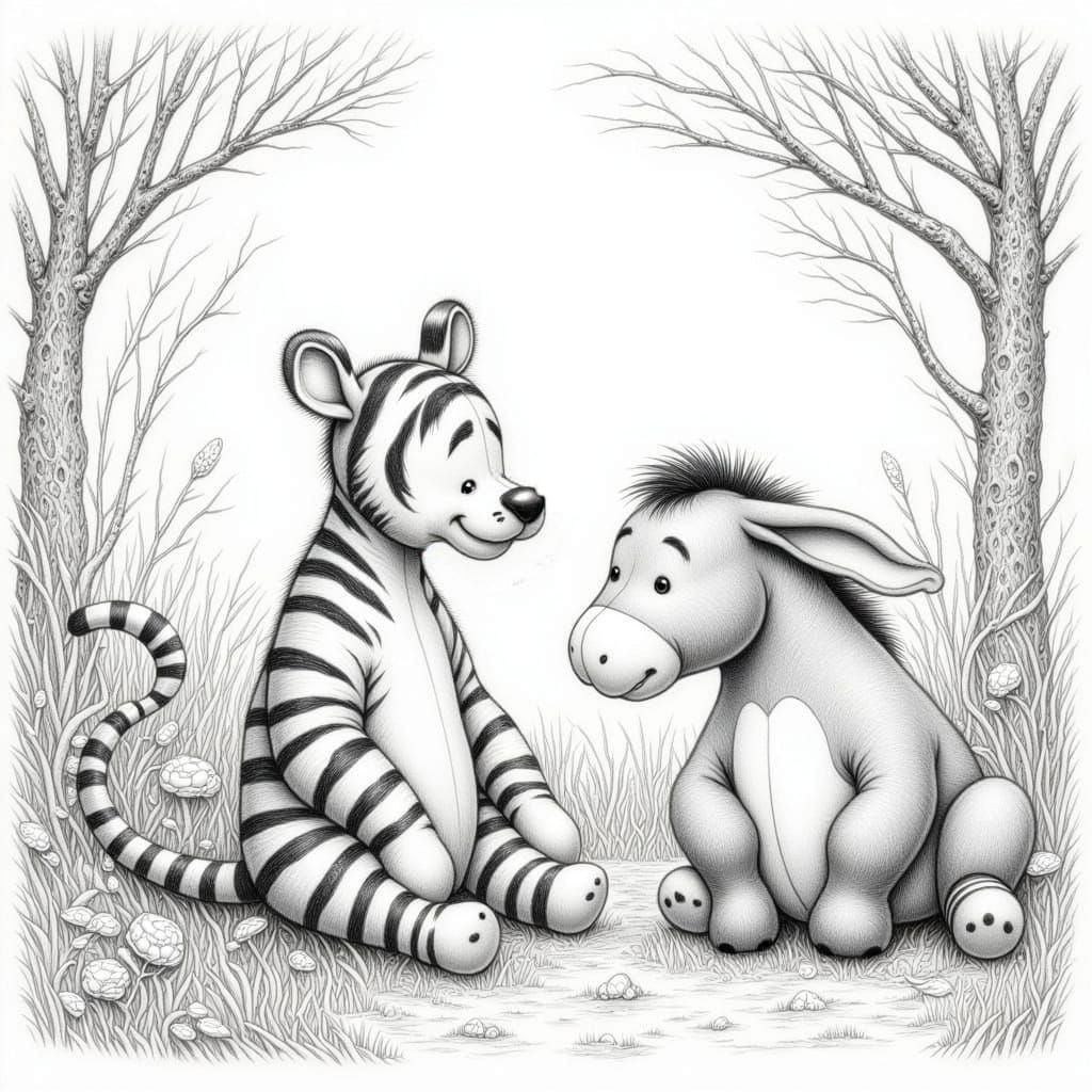 Tigger and Eeyore: Simple Pencil Line Art