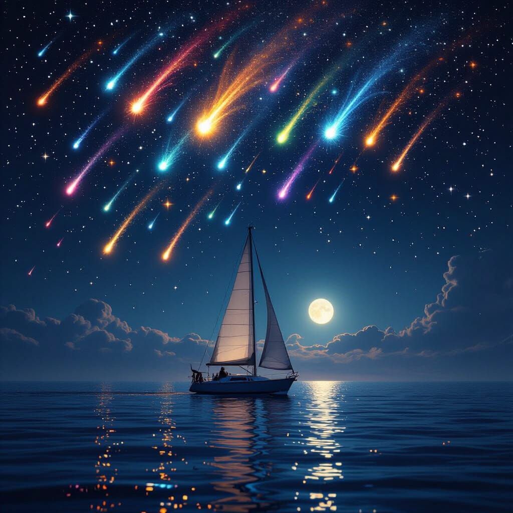 Sailboat Under Comet Shower on Dark Sea