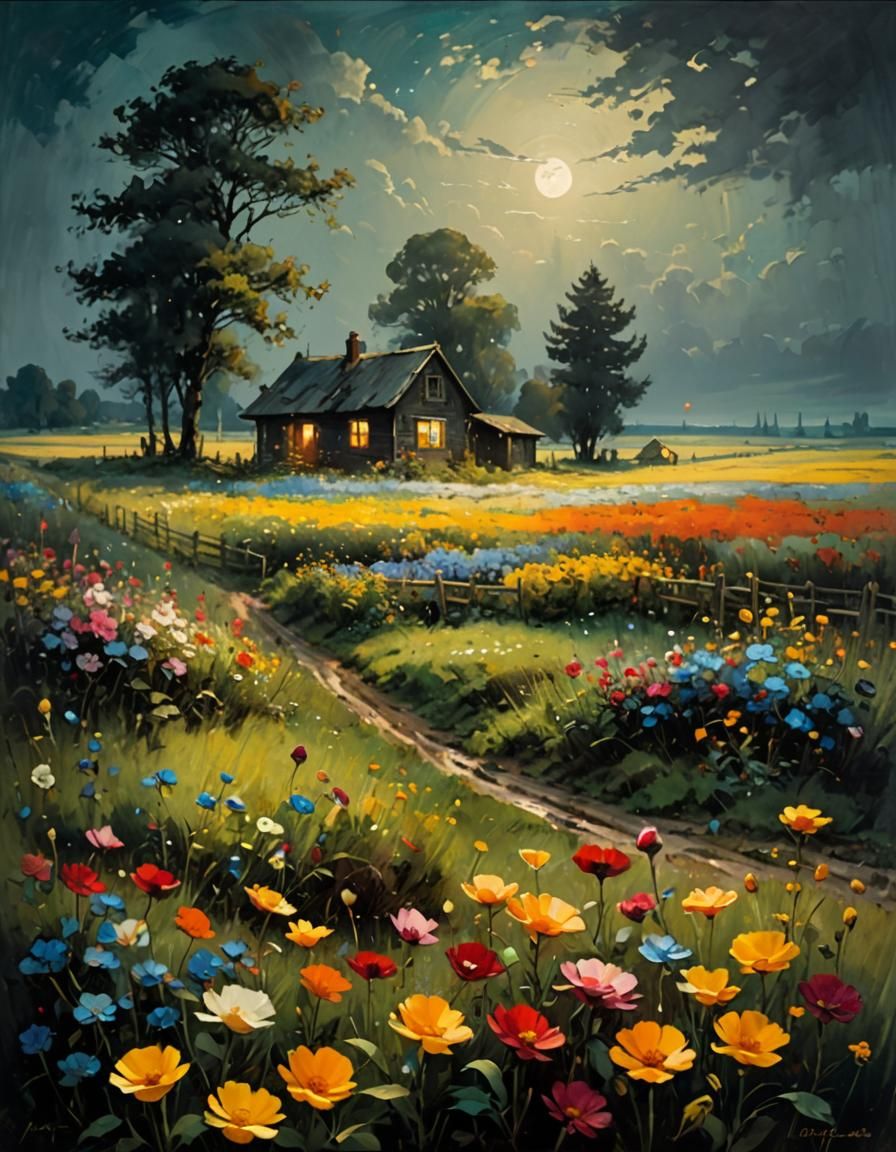 Moonlit Flower Field in Impressionist Style