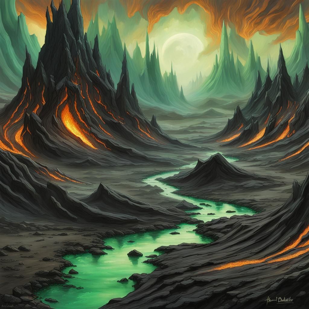 Molten Earth Landscape with Obsidian and Jade