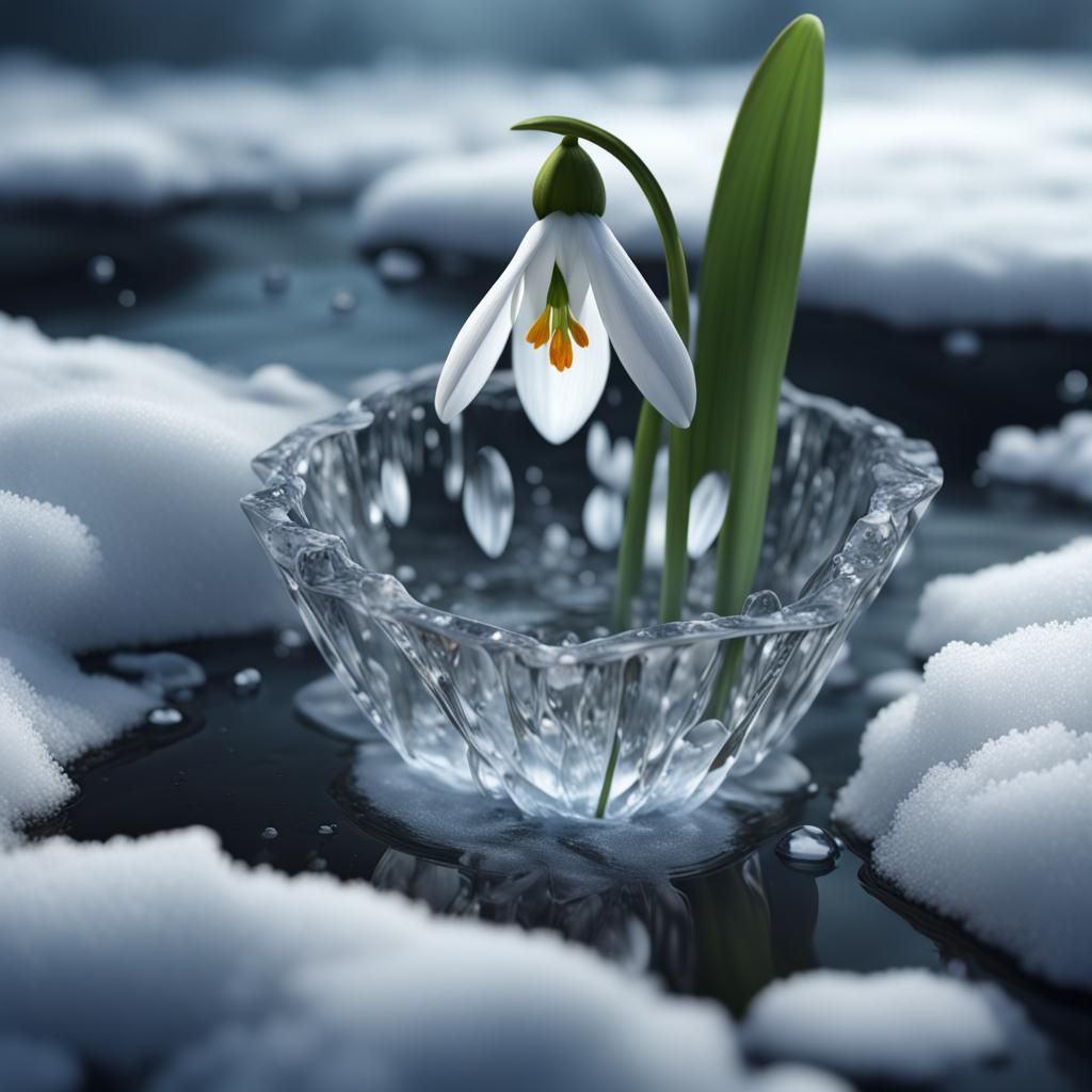 Snowdrop Flower Emerging Through Ice: Detailed Matte Paintin...