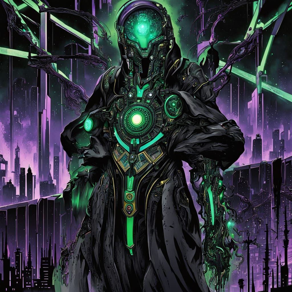 Cyberpunk Cyborg on Spaceship in Ink Wash Style