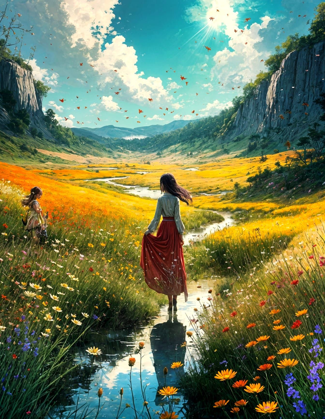 Romantic Anime Landscape with Wildflowers in Watercolor