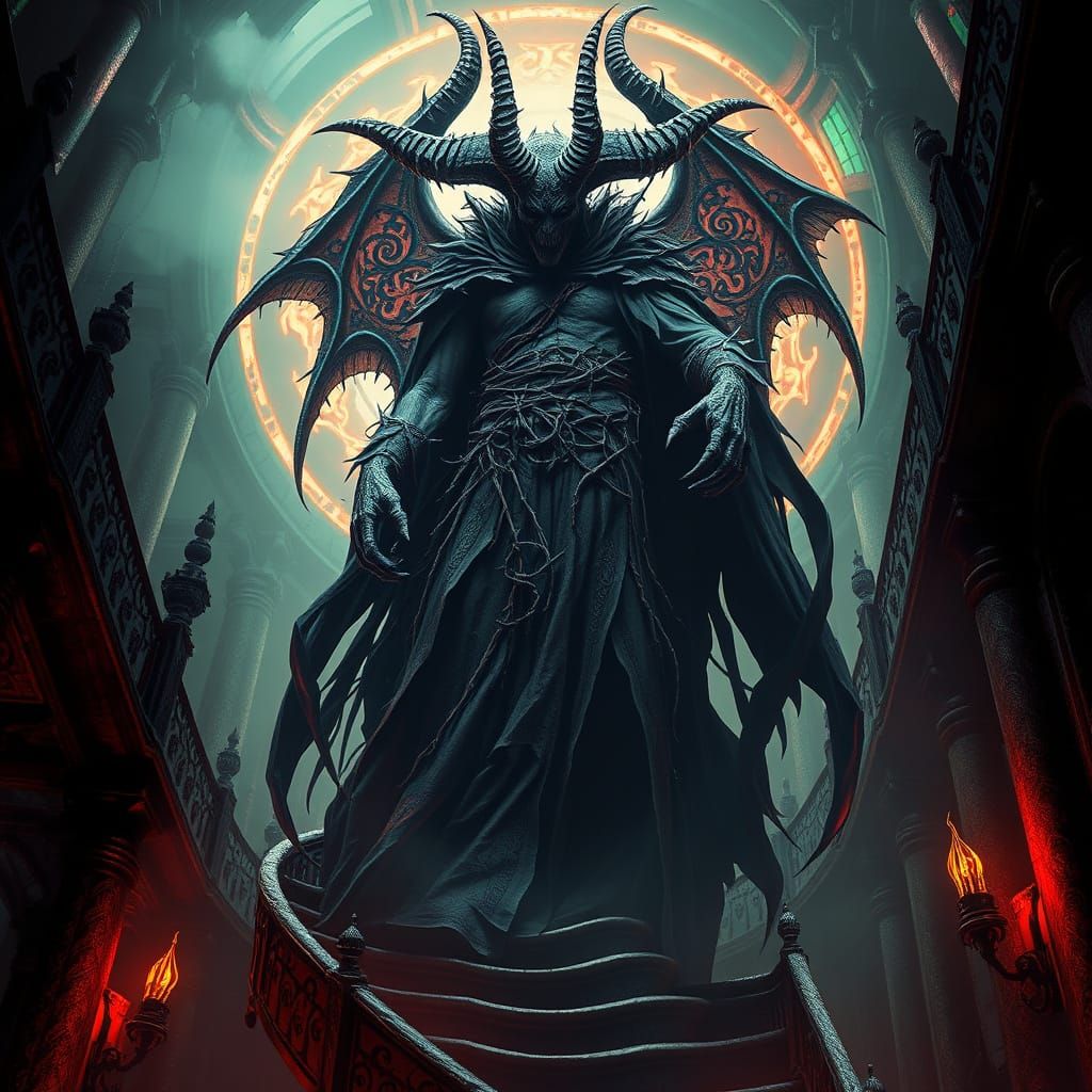 Gothic Demon Reaper Ascends Spiral Staircase in Ornate, Barb...