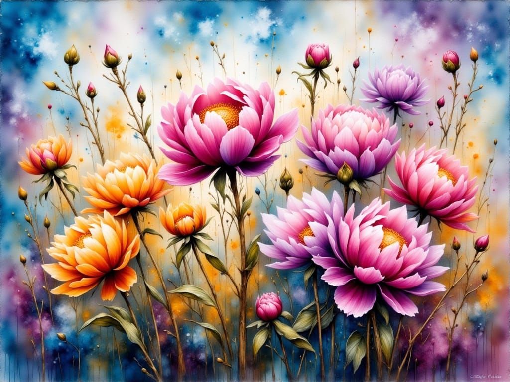 Vibrant Peonies in Watercolor Grunge Fantasy