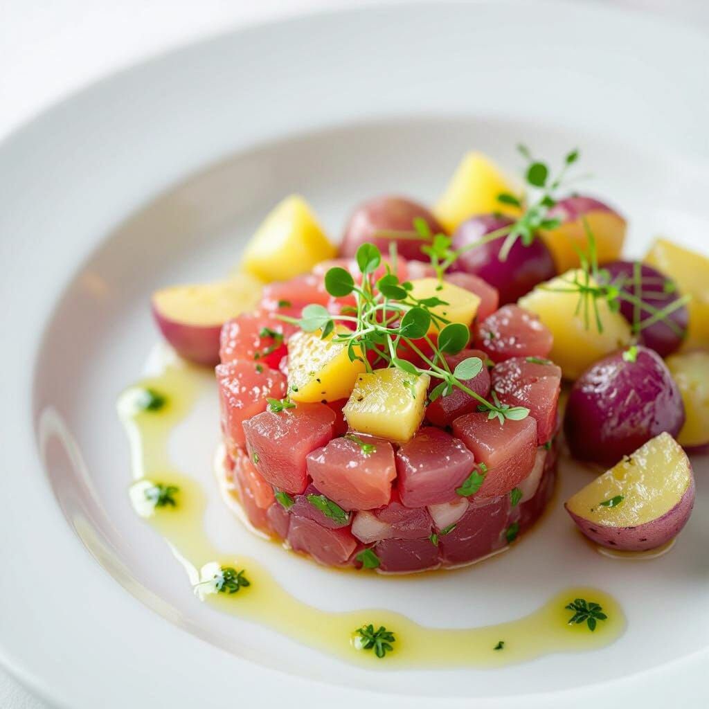 Amberjack Tartare Still Life with Purple Potatoes