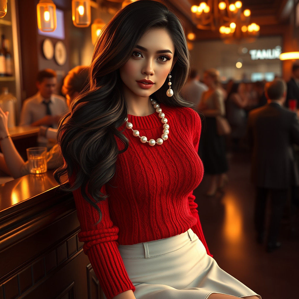Brunette in Red Angora Sweater, Hyper-Realistic Digital Art