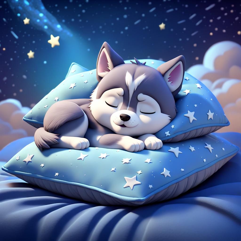 Chibi Husky Puppy Sleeping Under the Stars