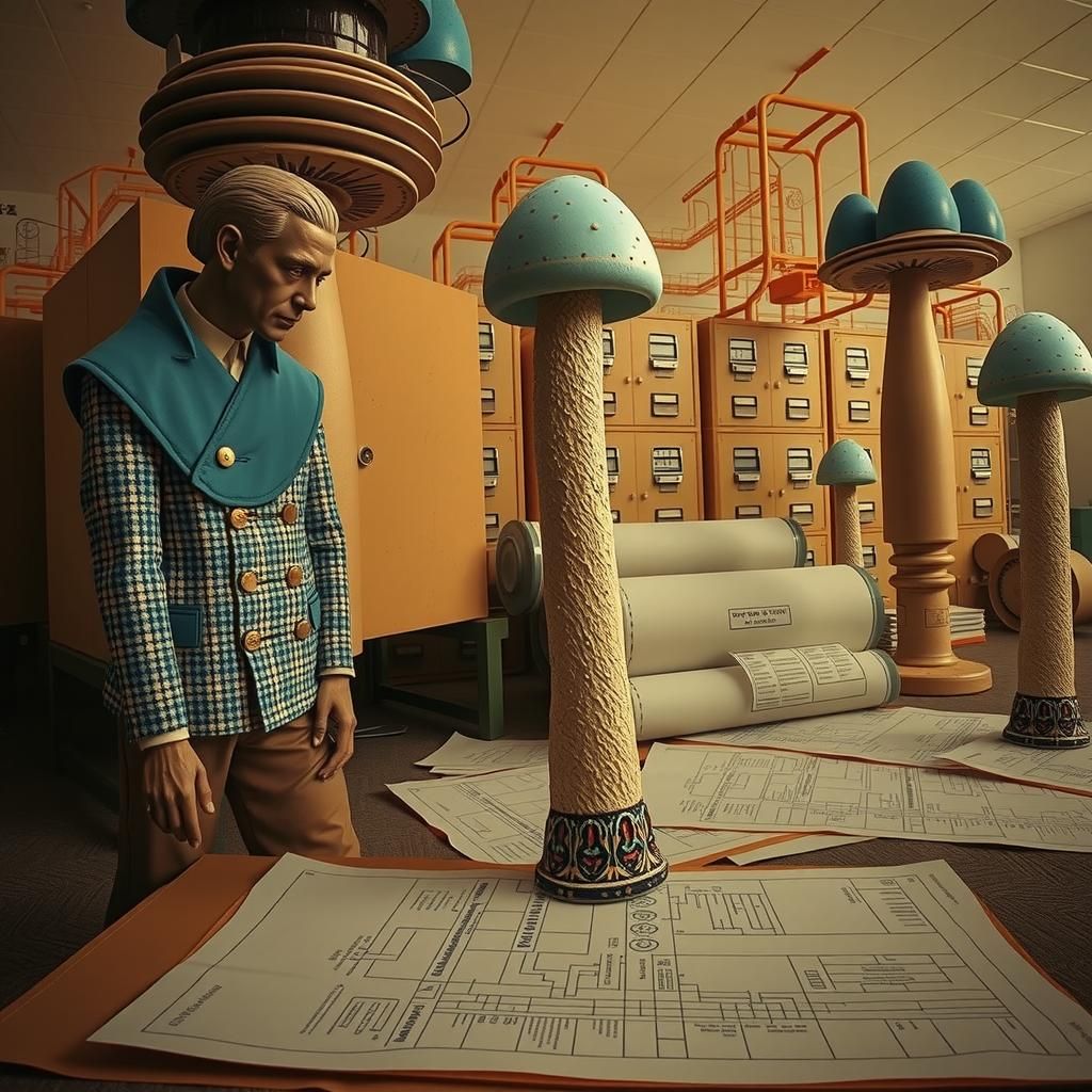 Porcelain Bureaucrats Counting Mushrooms in Dystopian Landsc...