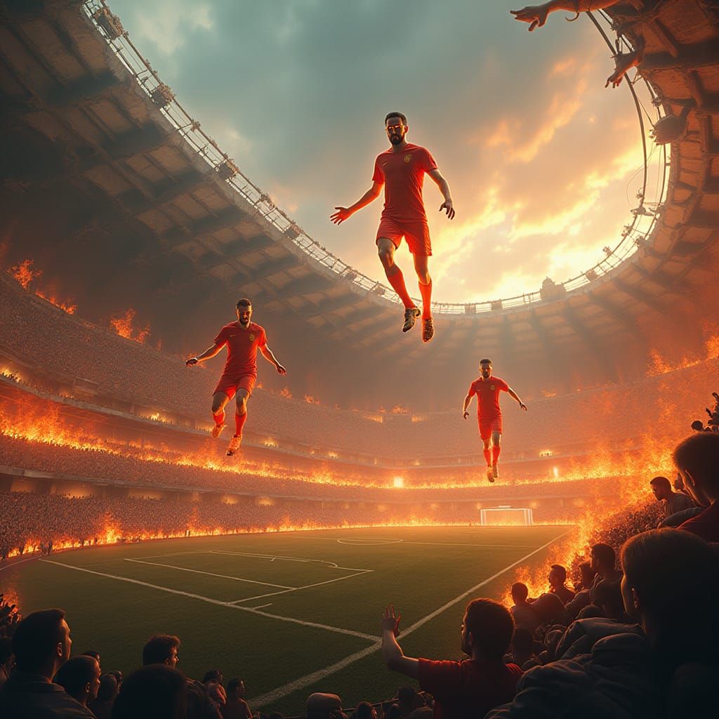 Alien Soccer Game in Burning Stadium, Digital Art