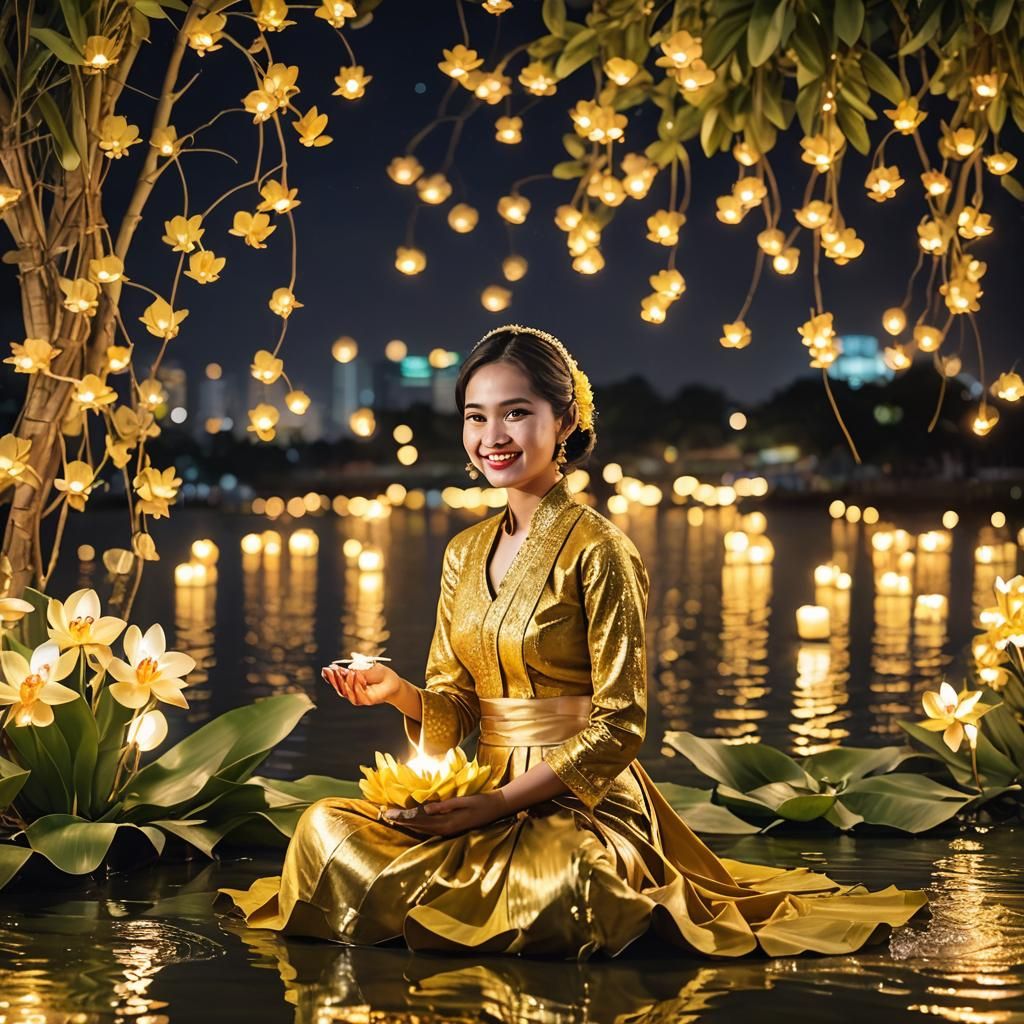 Woman in Golden Thai Dress by River at Night