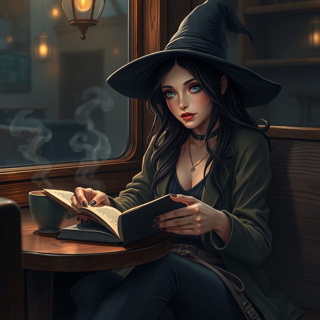 Modern Witch in Cozy Cafe, Hyperrealistic Style