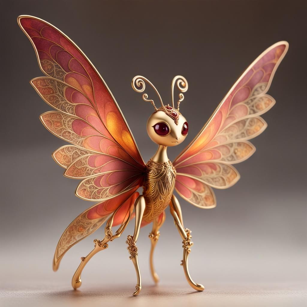 Golden Mystical Creature with Coral Wings