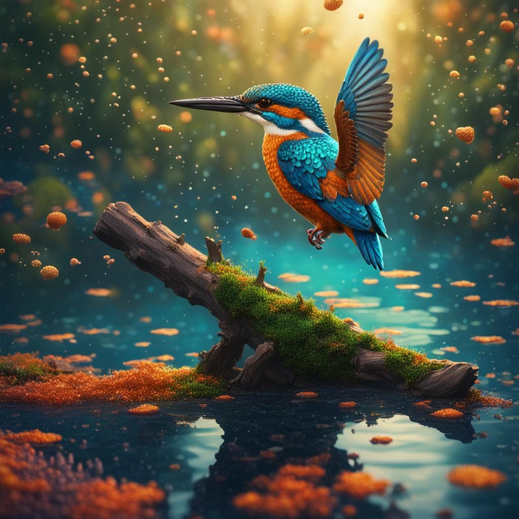 Pointillist Kingfisher in Detailed Matte Painting