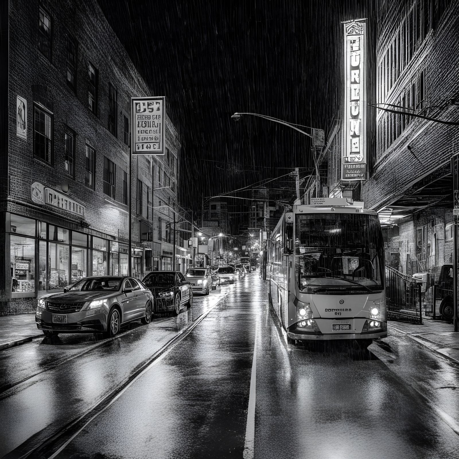 Austin Street Scene: Hyperrealistic Line Drawing in Rain