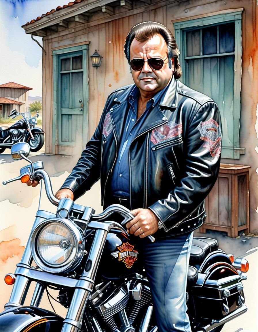 Cartoon Watercolor of Biker with Harley-Davidson