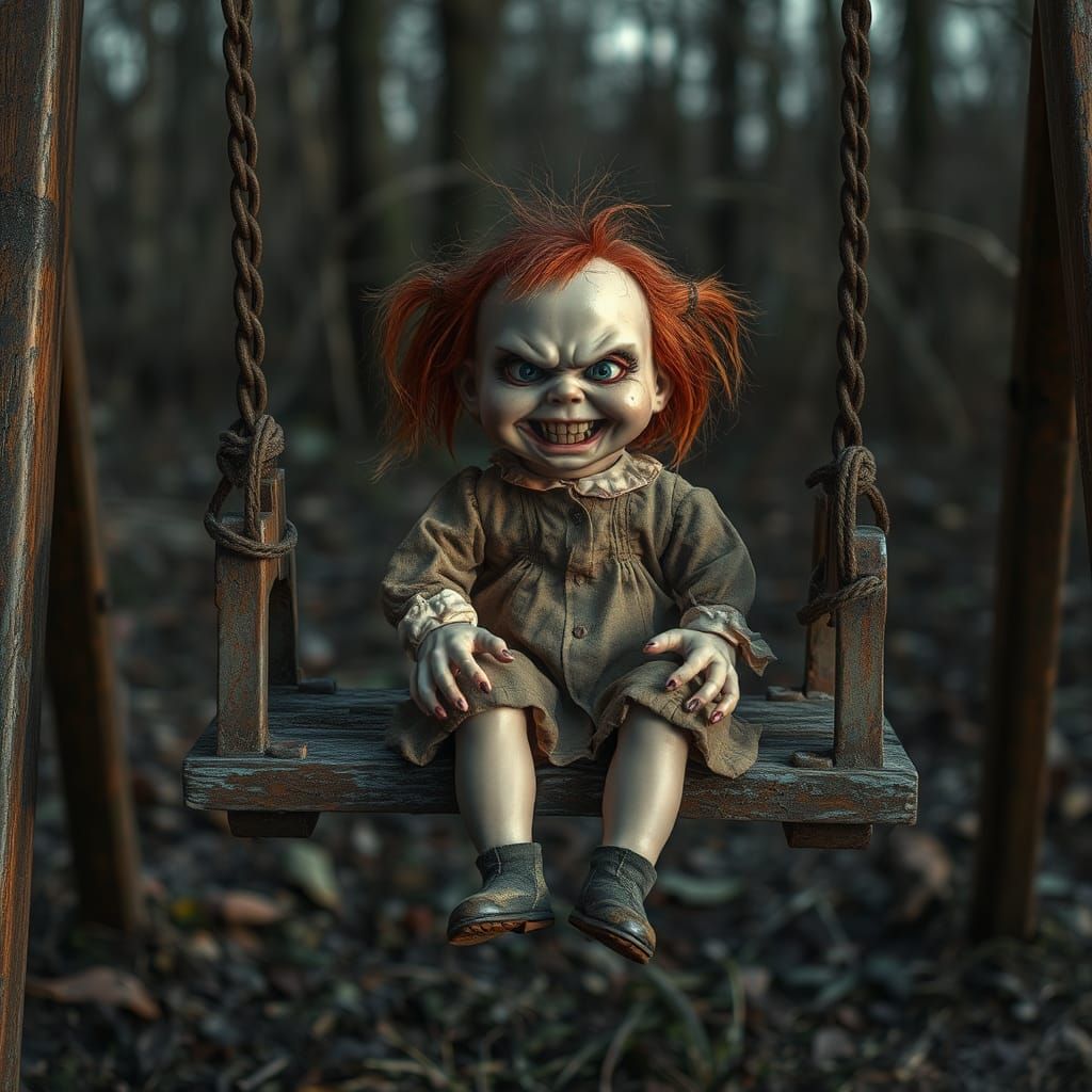 Eerie Possessed Doll on Dilapidated Swing