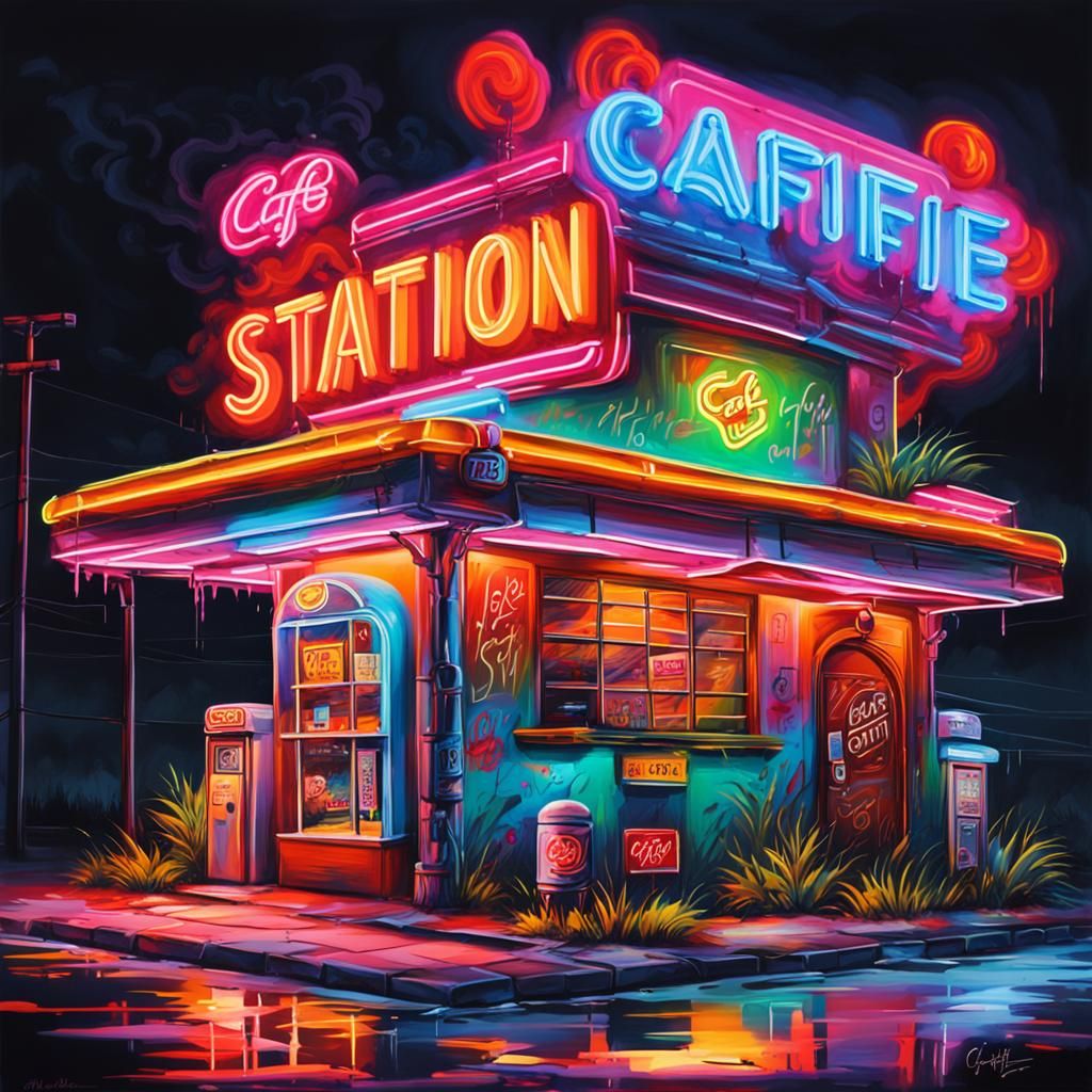 Roadside Cafe and Motel Neon Sign in Graffiti Art