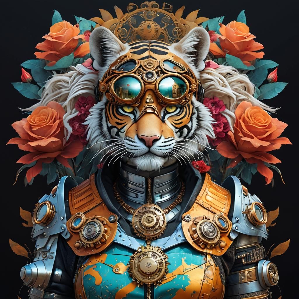 Steampunk Tiger Woman in Victorian Metropolis