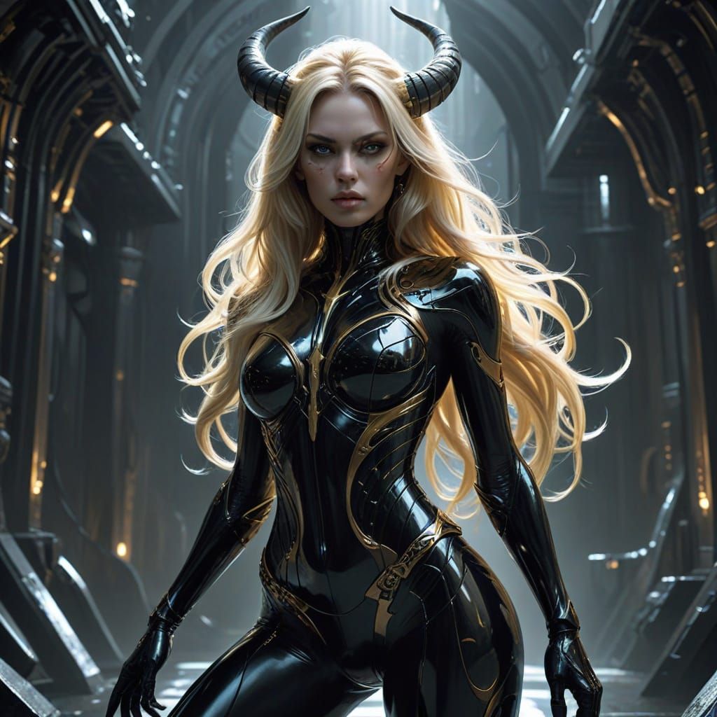 Regal Demoness with Piercing Horns in Low-Angle Shot