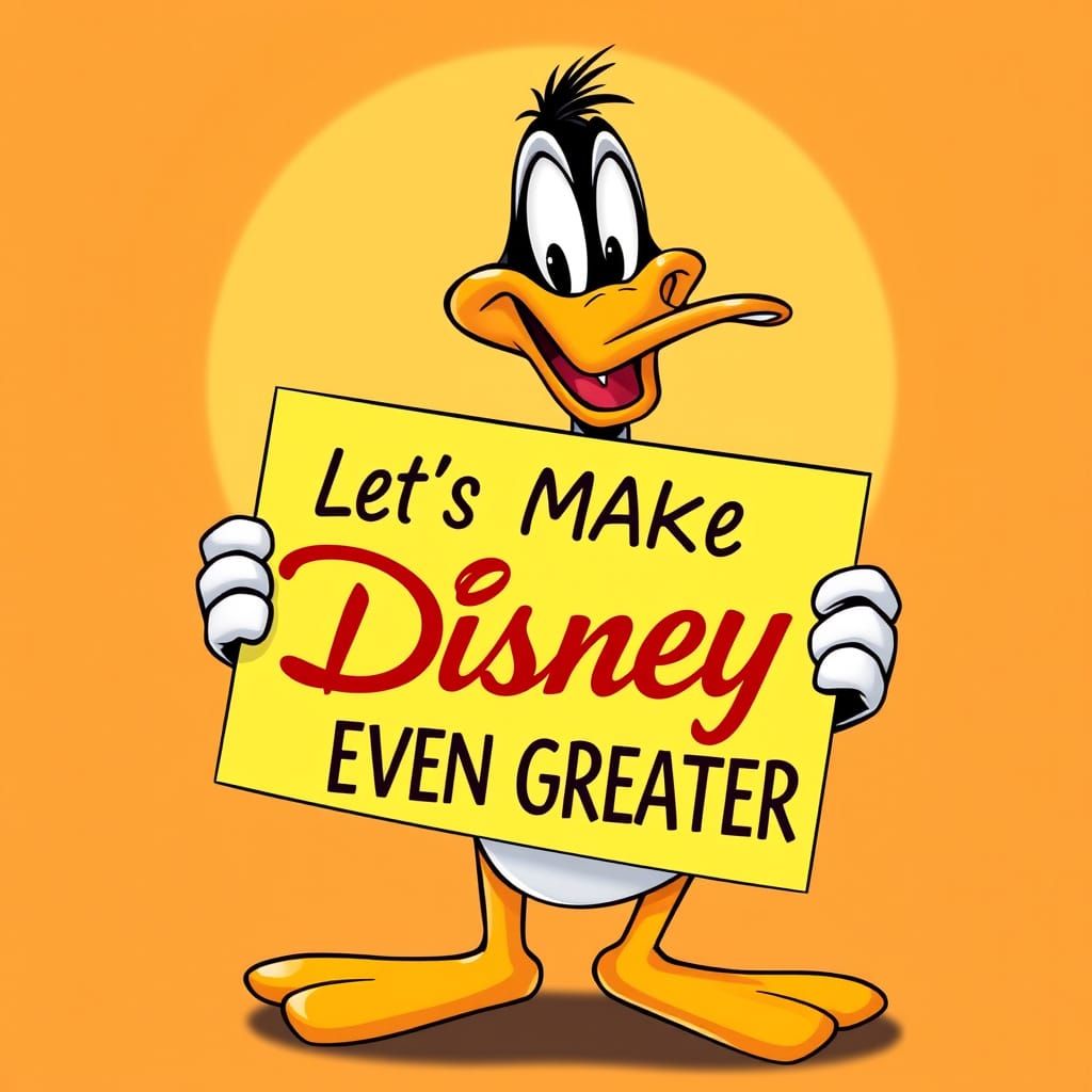 A picture of Daffy Duck holding a poster. The poster reads: "Let's Make Disney Even Greater"