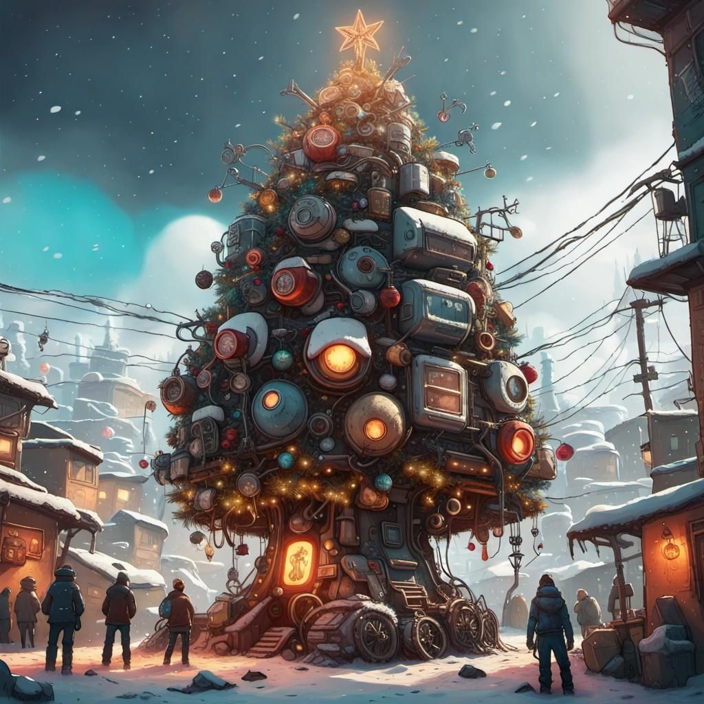 Cyberpunk Christmas Tree in Favela, Dieselpunk Style