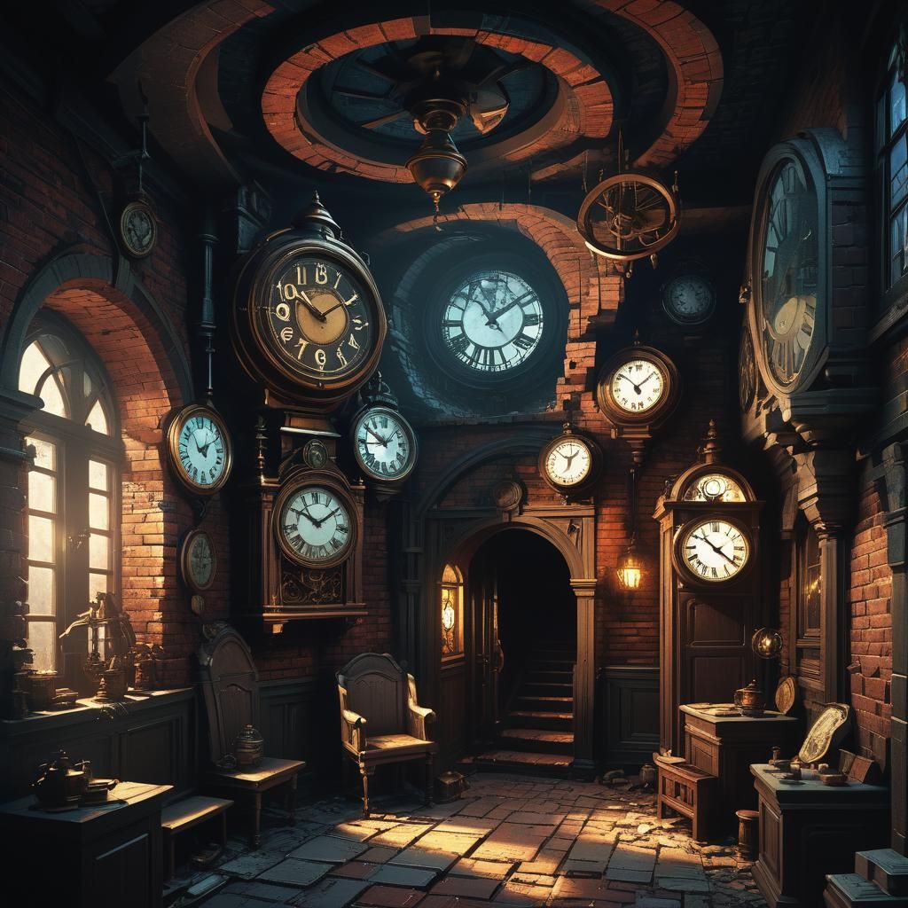 Eerie Dark Fantasy Interior with Antique Clocks