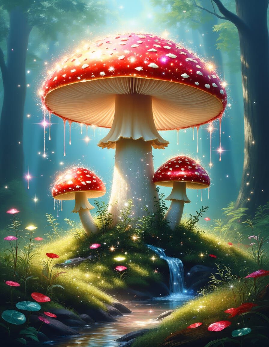 Sparkling Magical Mushroom Forest in Airbrush Style