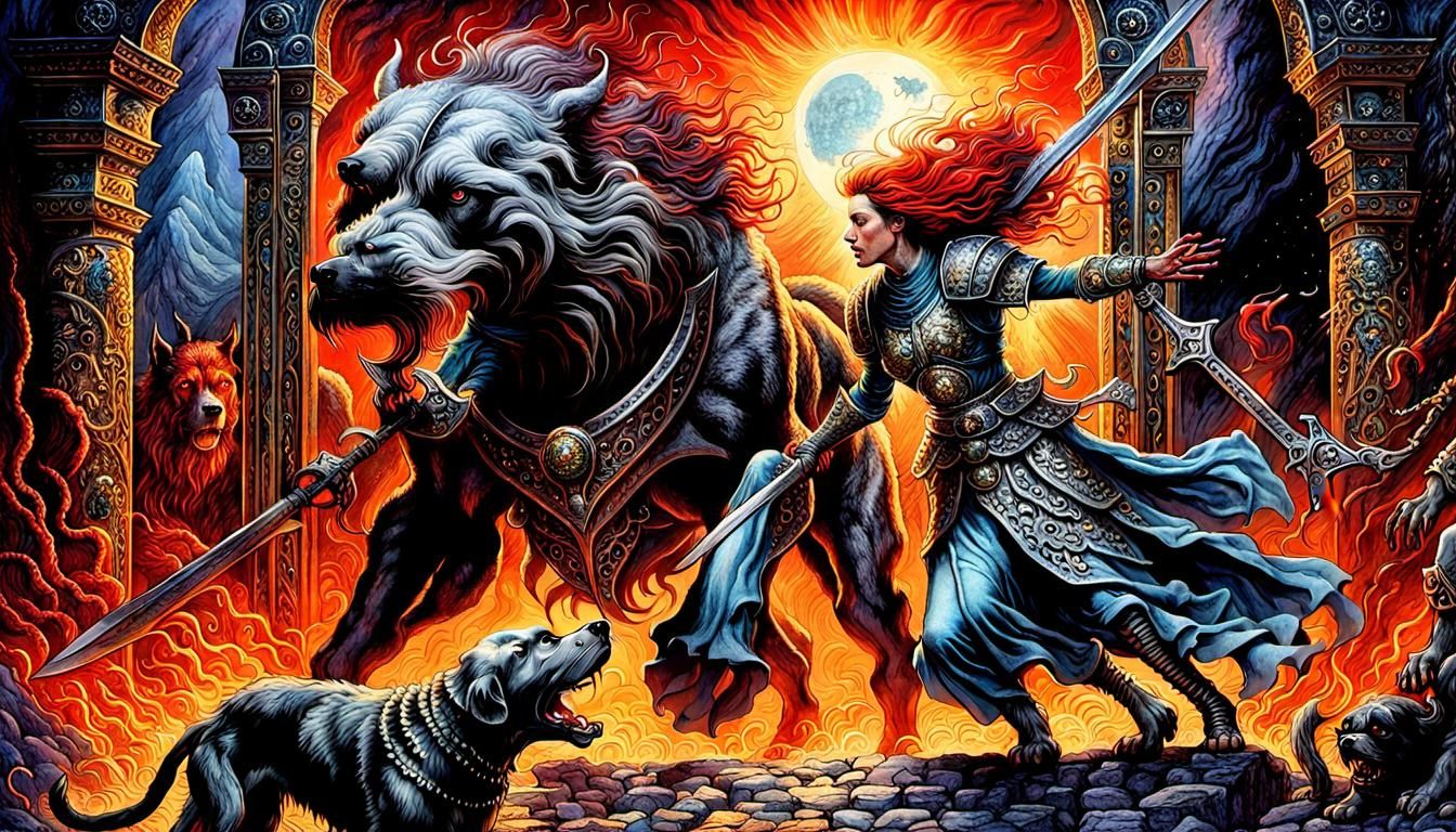 Macabre Valkyrie Warrior and Hellhound at Hell's Gates