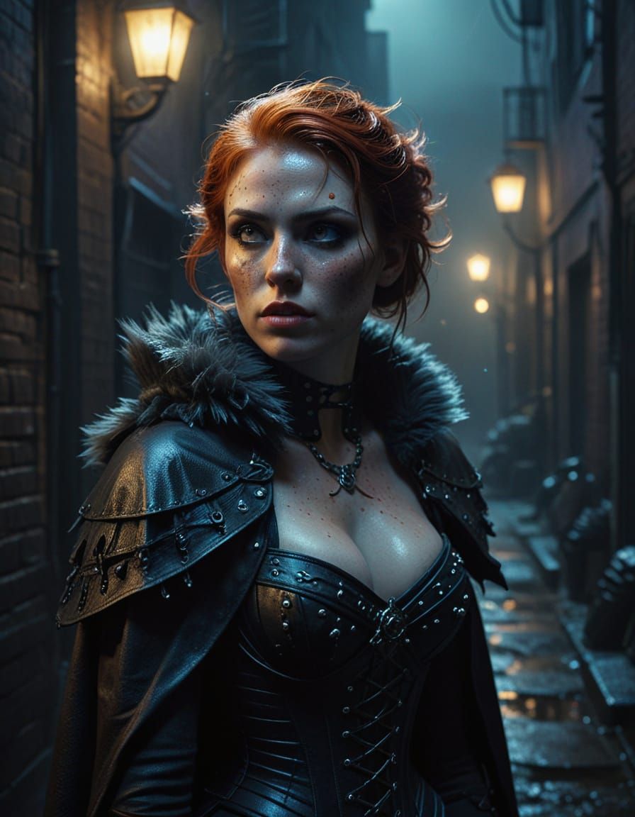 Gothic Redheaded Spy in Dark Alleyway