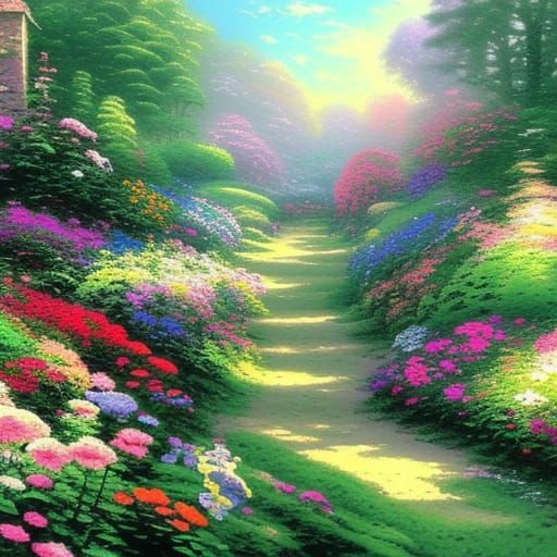 Whimsical Secret Garden Scene with Girl and Heavenly Clouds