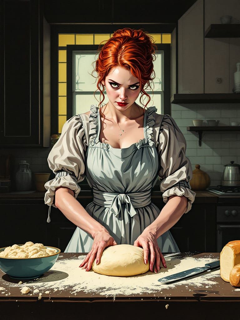 Redhead Baker Kneading Dough in Gothic Kitchen