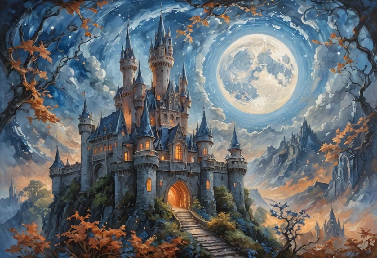 Grand Fairy-Tale Castle Under Dreamlike Sky, as Oil Painting