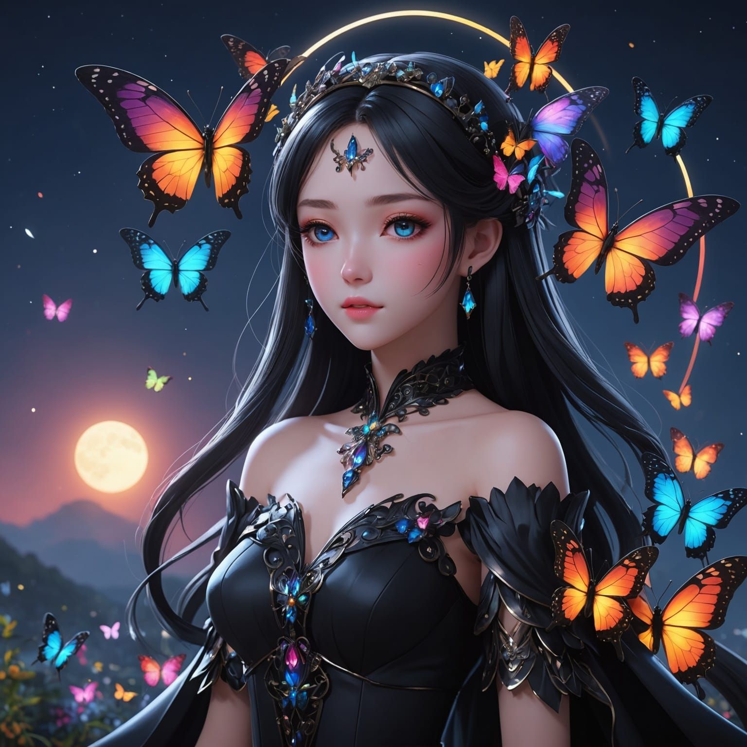 Black Butterfly Princess with Rainbow Butterflies in Anime A...