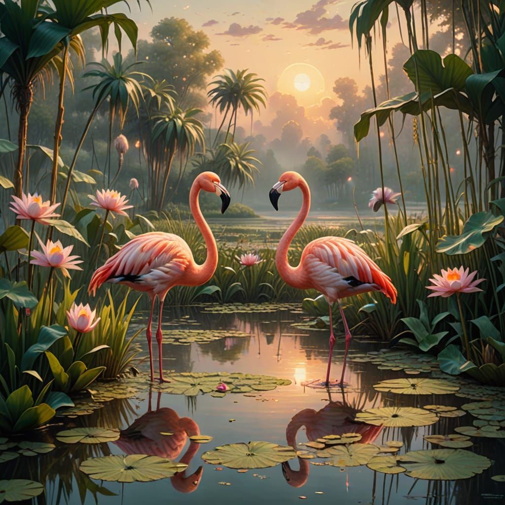 Flamingos in Ethereal Fantasy Swamp Landscape