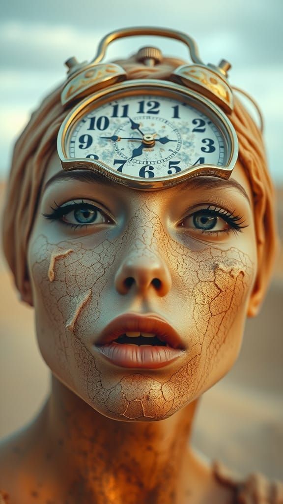 Surreal Woman Made of Clocks and Sand