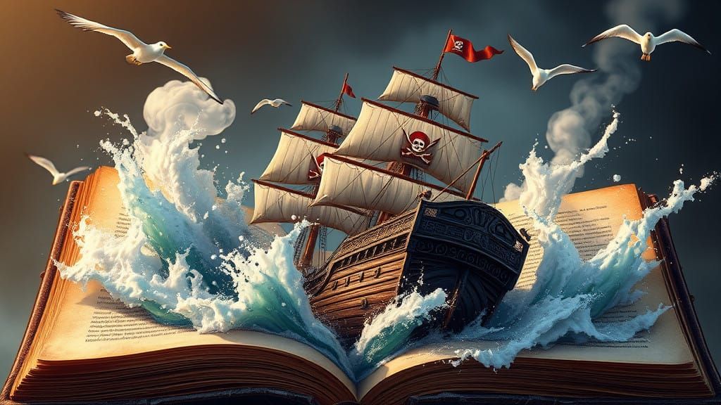 Majestic Pirate Ship Emerges from the Pages of a Worn Book