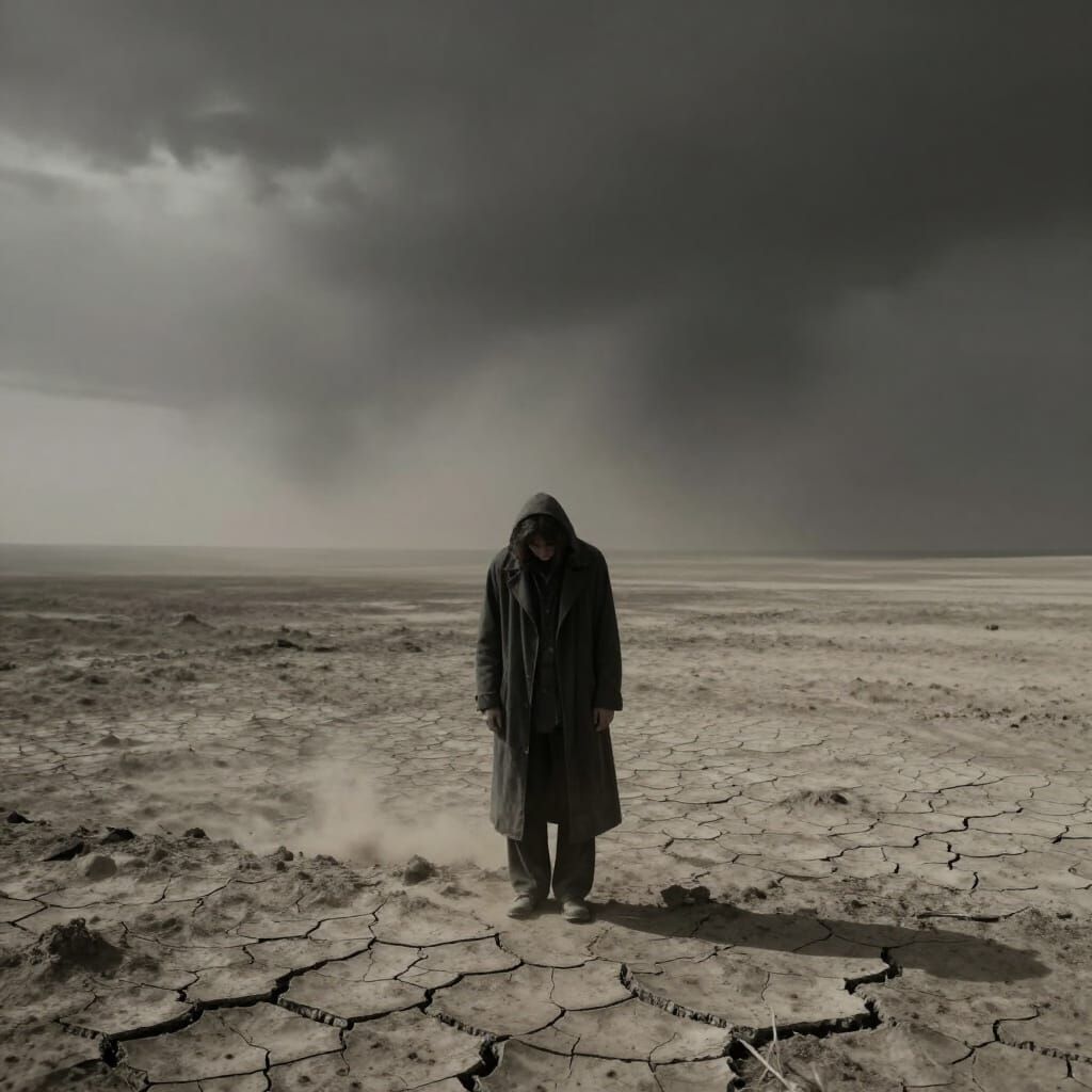 Desolate Wasteland Figure in Ash Sky Concept Art