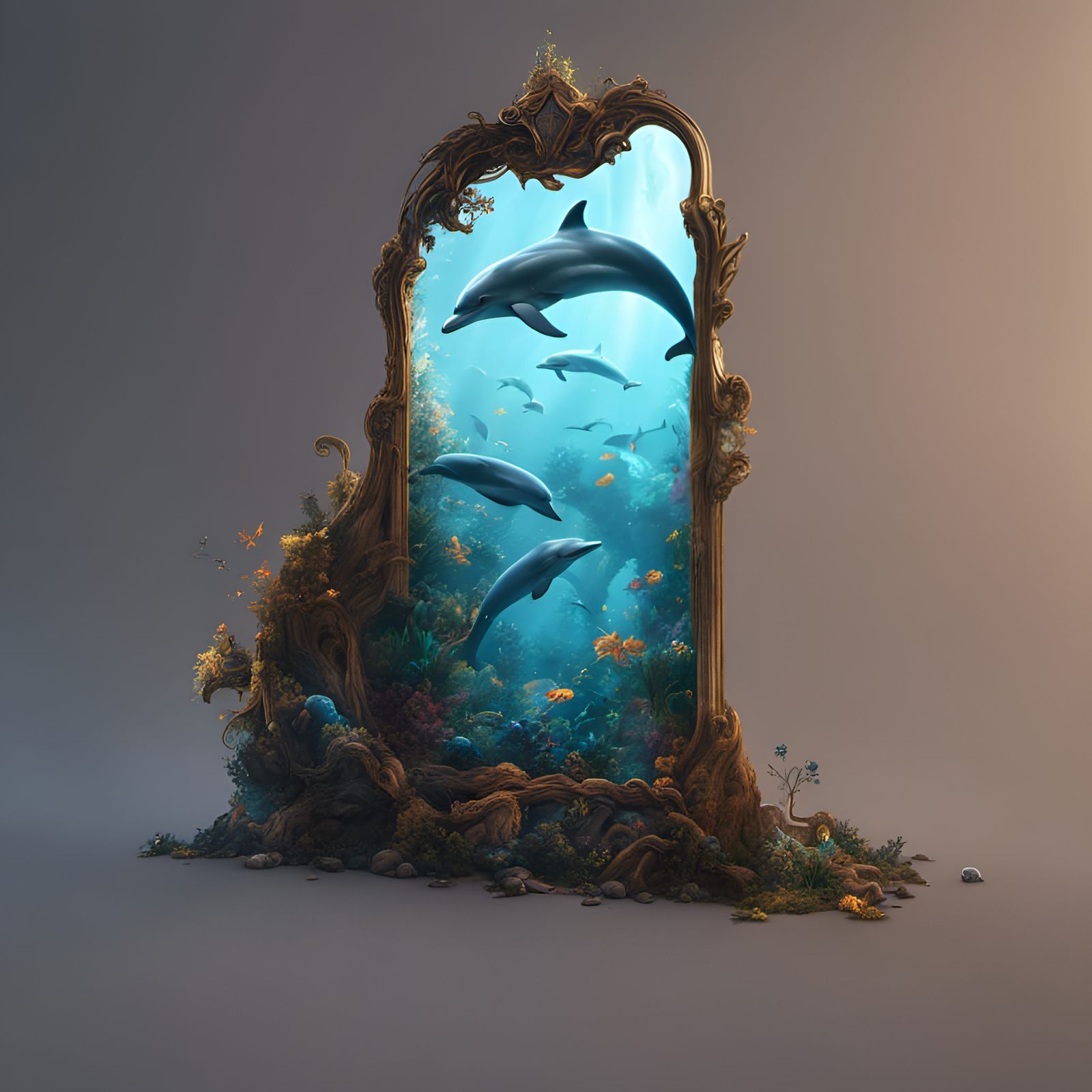 Dolphins in Ornate Frame: Detailed Digital Painting