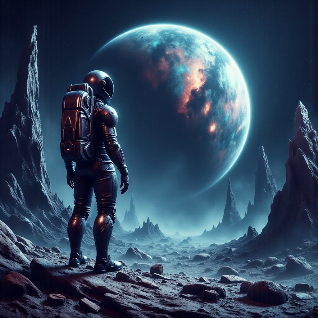 Astronaut on a Desolate Alien Planet in a Realistic Futurist...