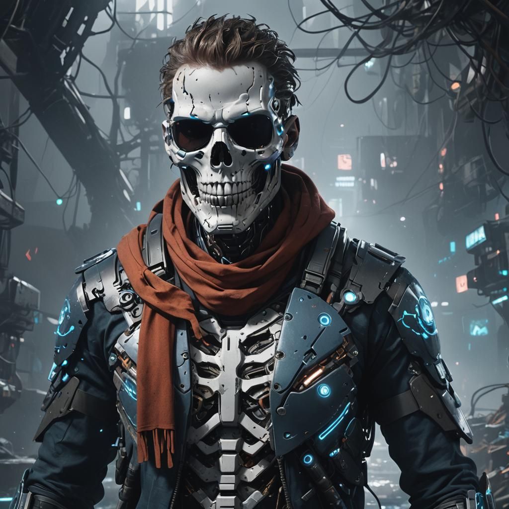 Cyborg with Blue Neon Lights: Detailed Matte Painting