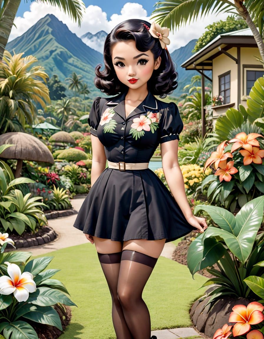 Vintage Indonesian Chibi Pinup in Tropical Paradise