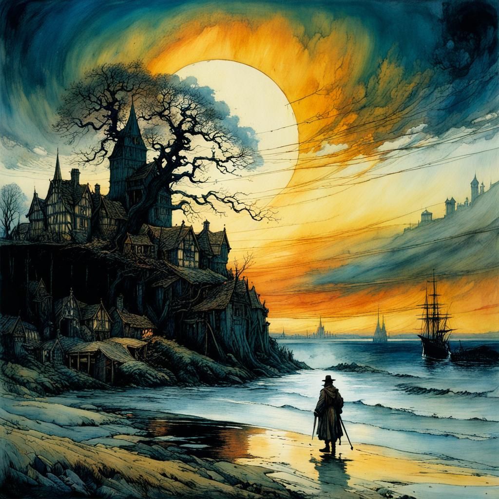 Mysterious Medieval Town at Night in Deep Color