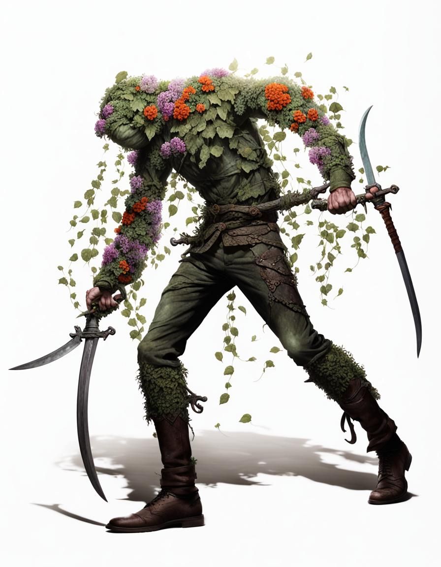 Man covered completely in growing vines. Swords made entirel...