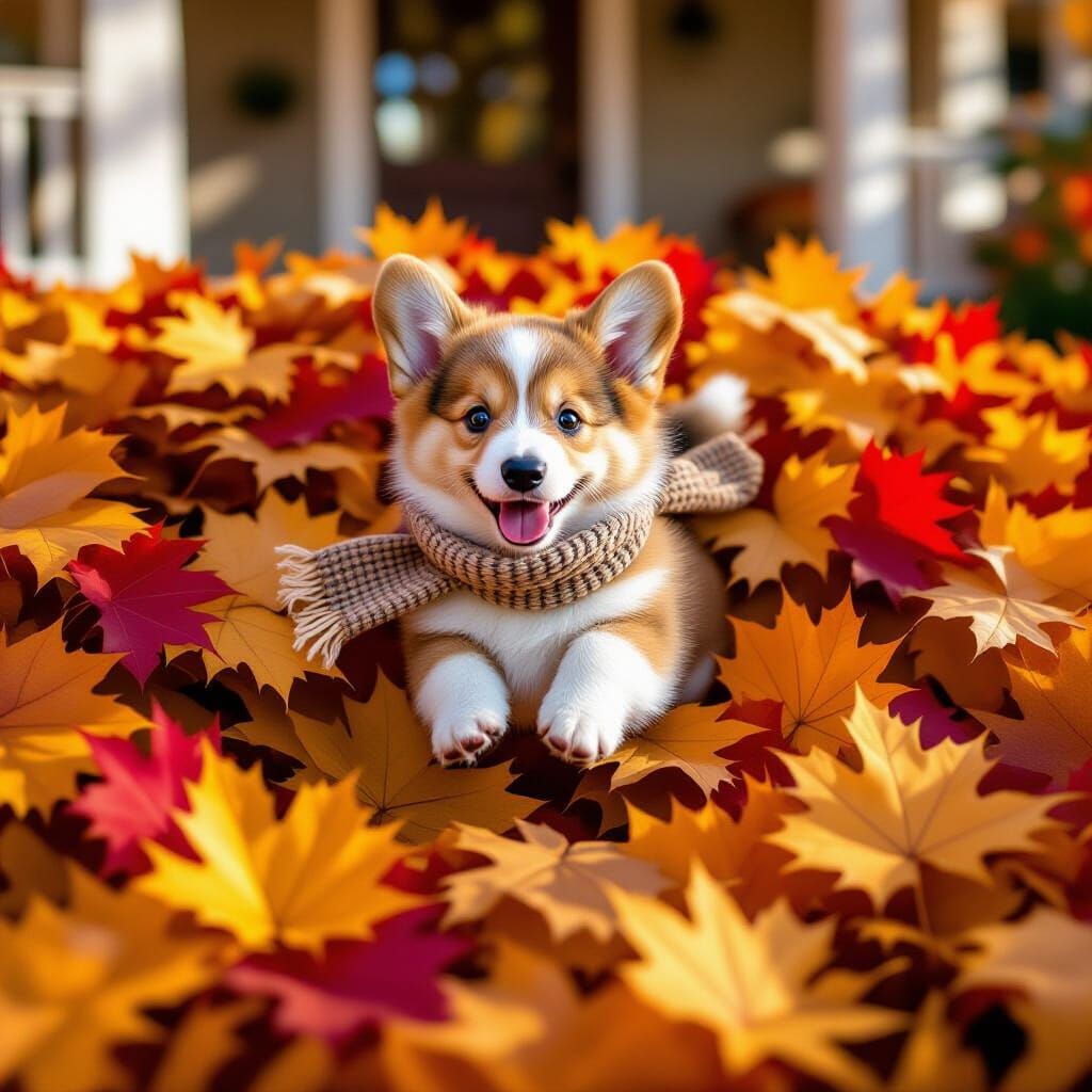 Fluffy Corgi Puppy Leaps Into Autumn Leaves
