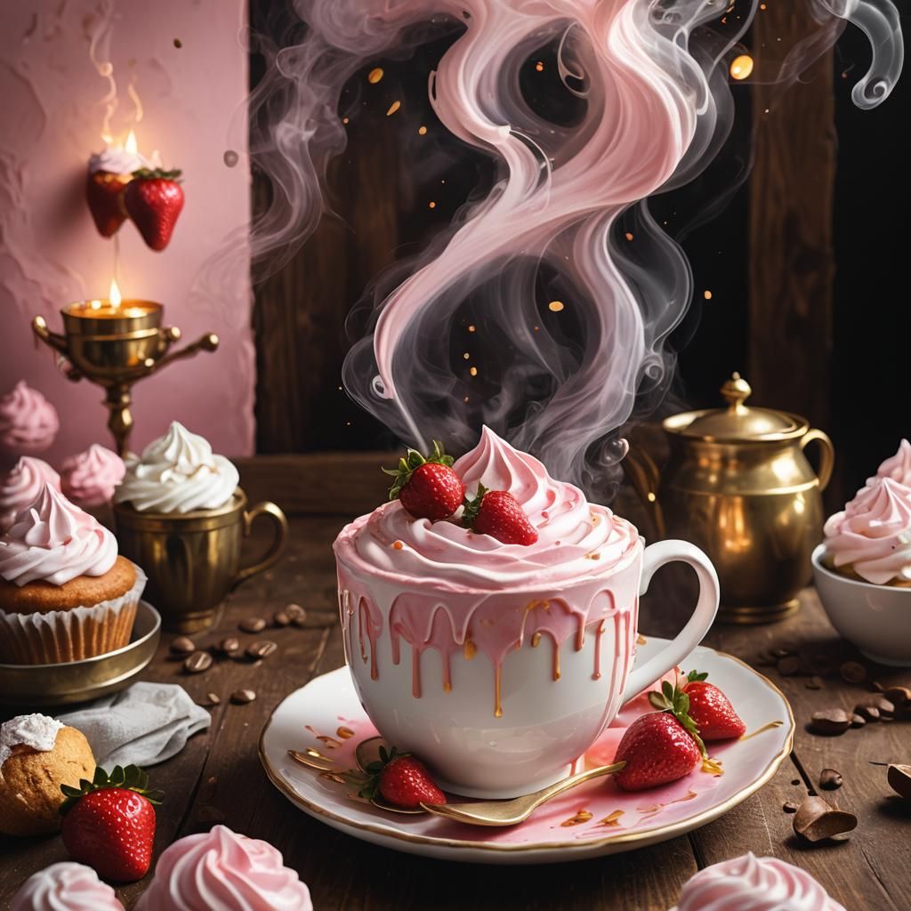 Strawberry Cake Above Coffee Cup: Fantasy Art